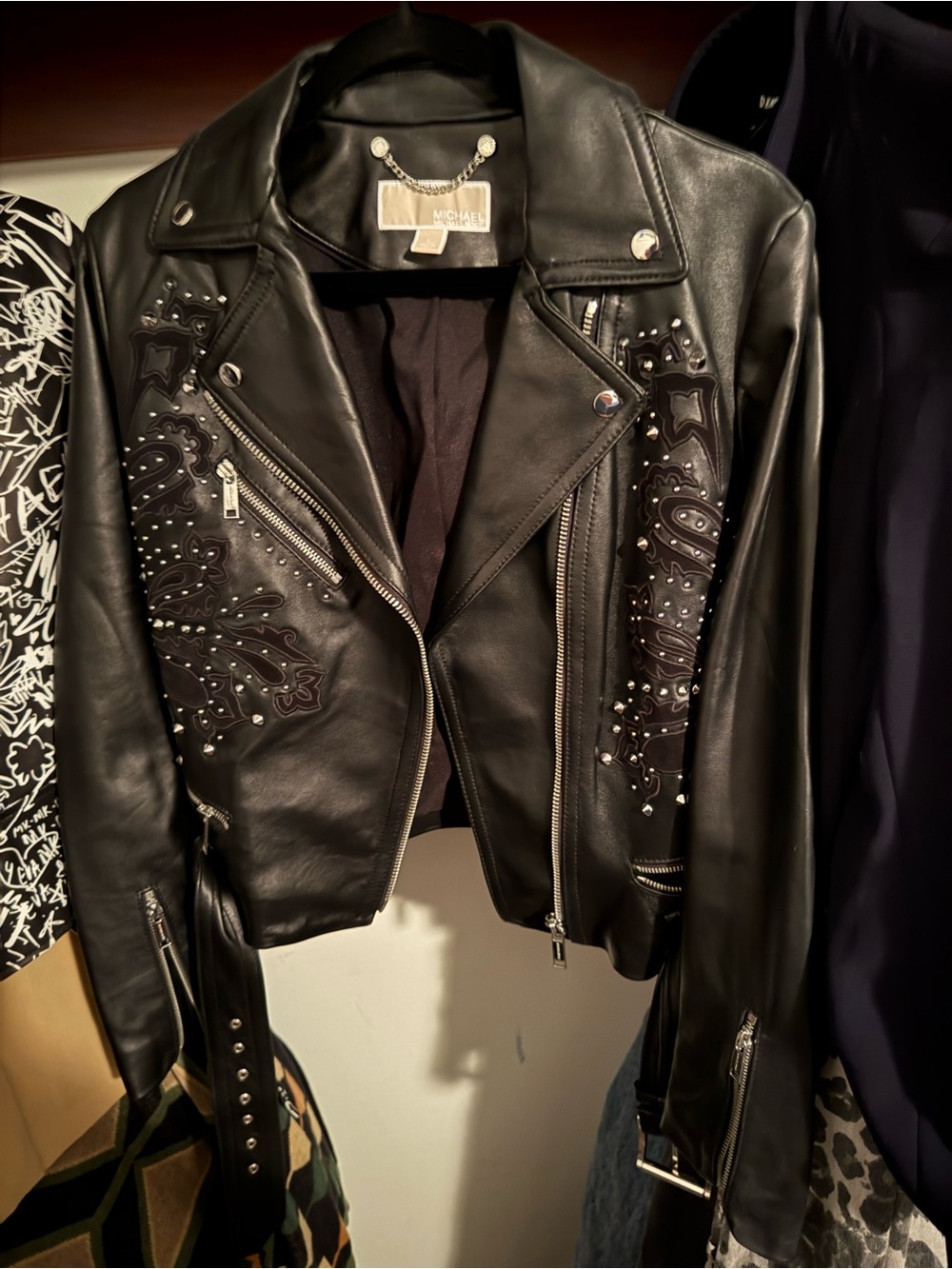 Michael Kors Black Studded Embroidered Leather Moto Jacket